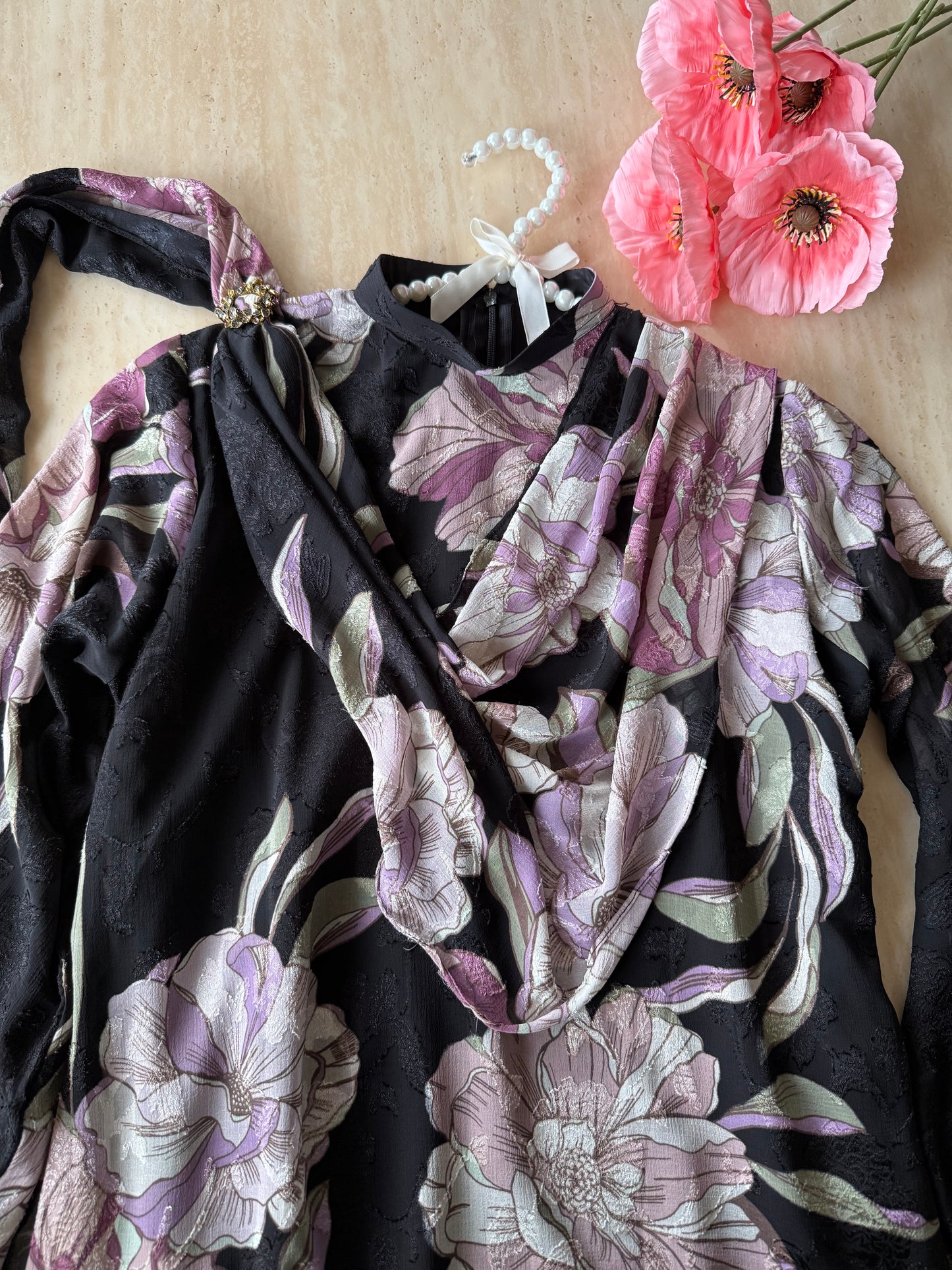 Black Floral Drape Dress