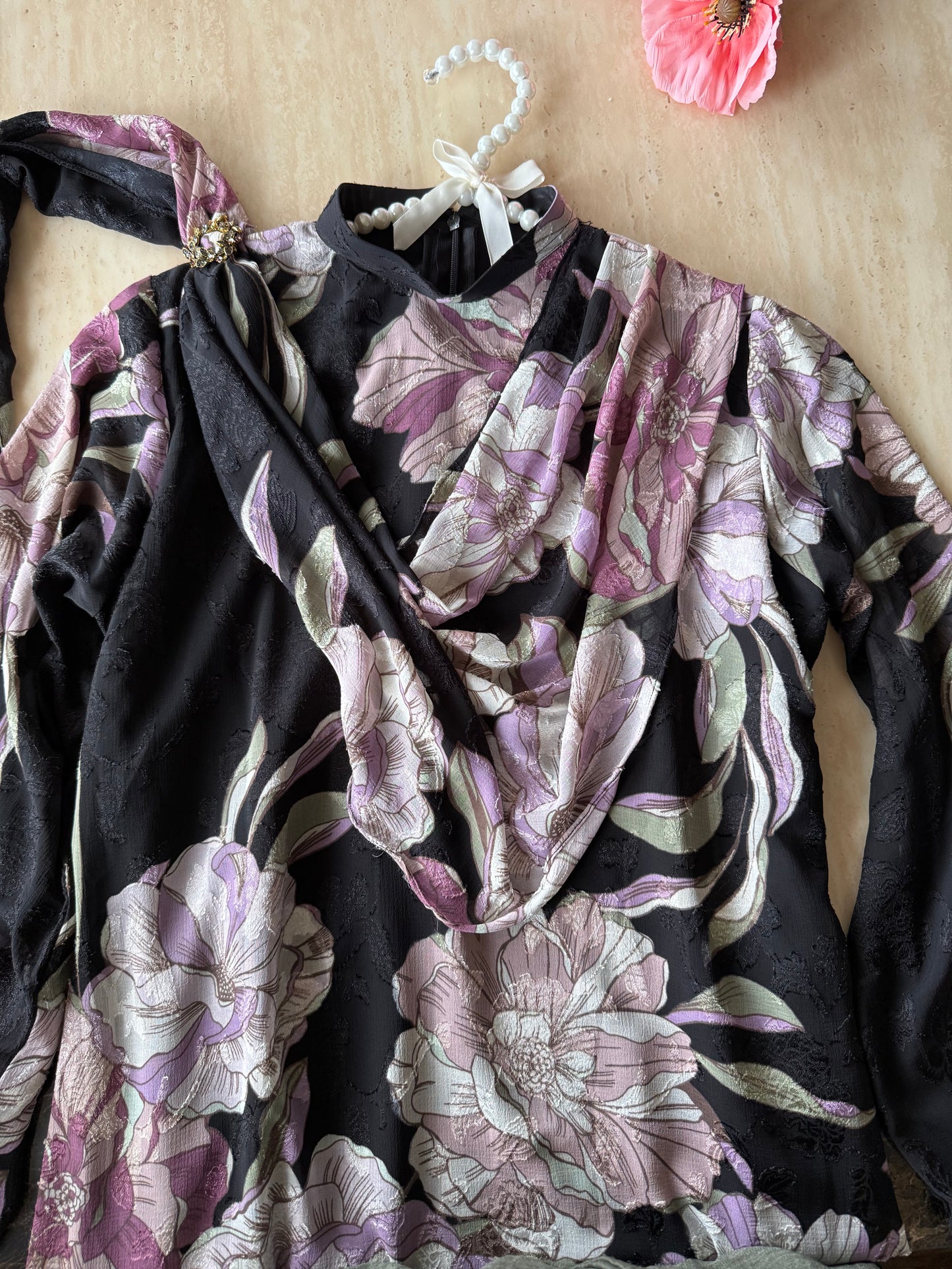 Black Floral Drape Dress