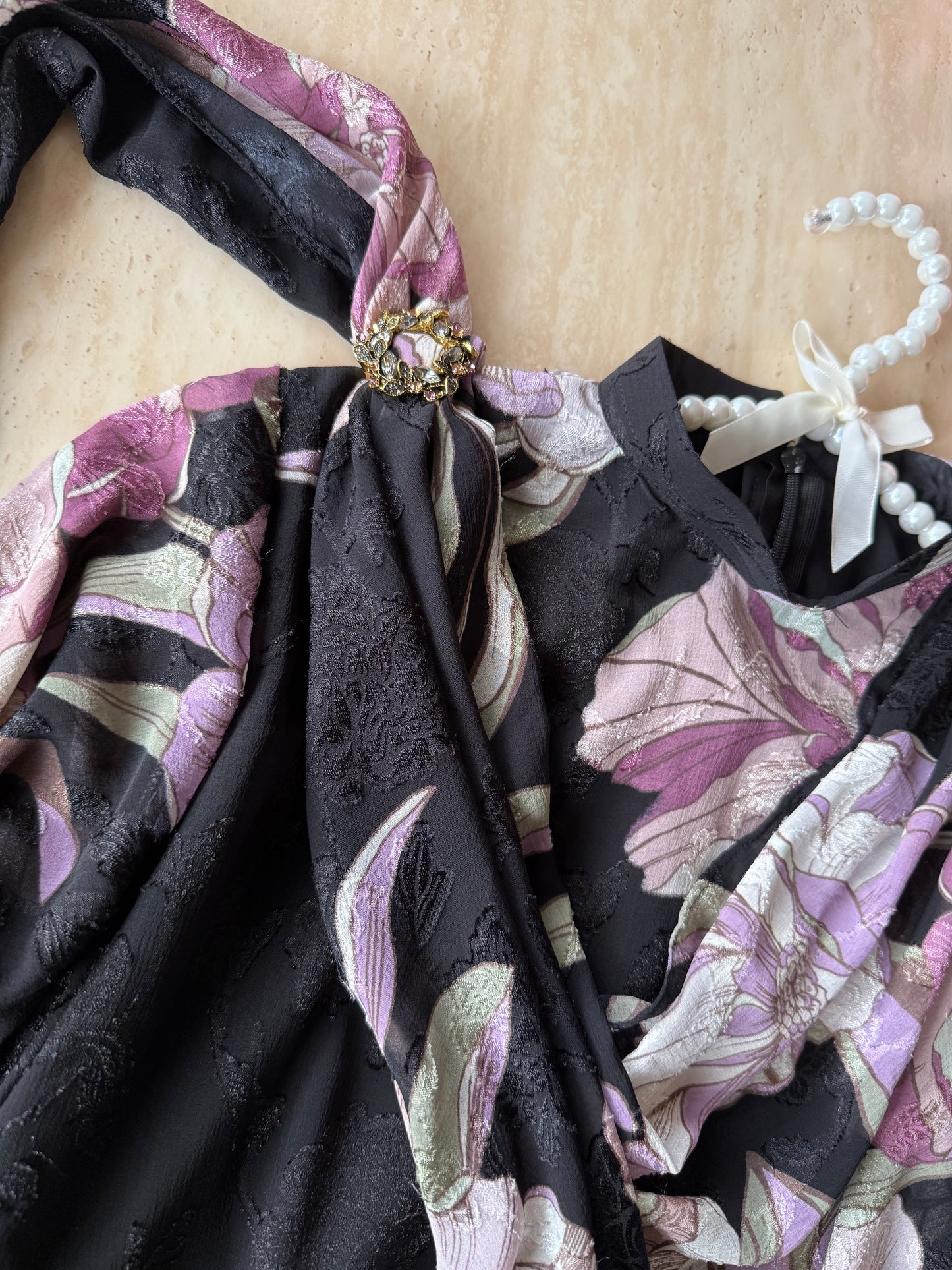 Black Floral Drape Dress