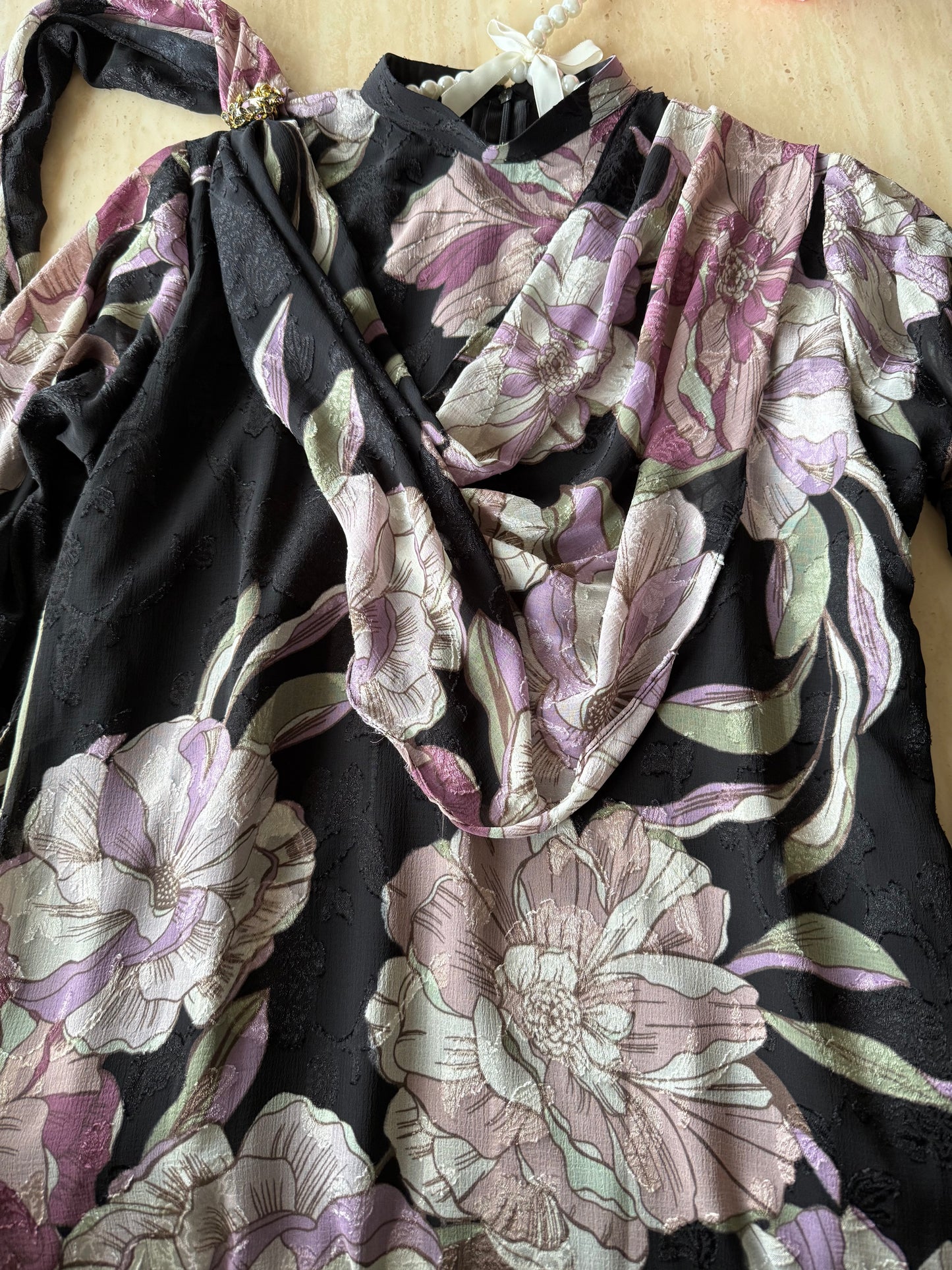 Black Floral Drape Dress
