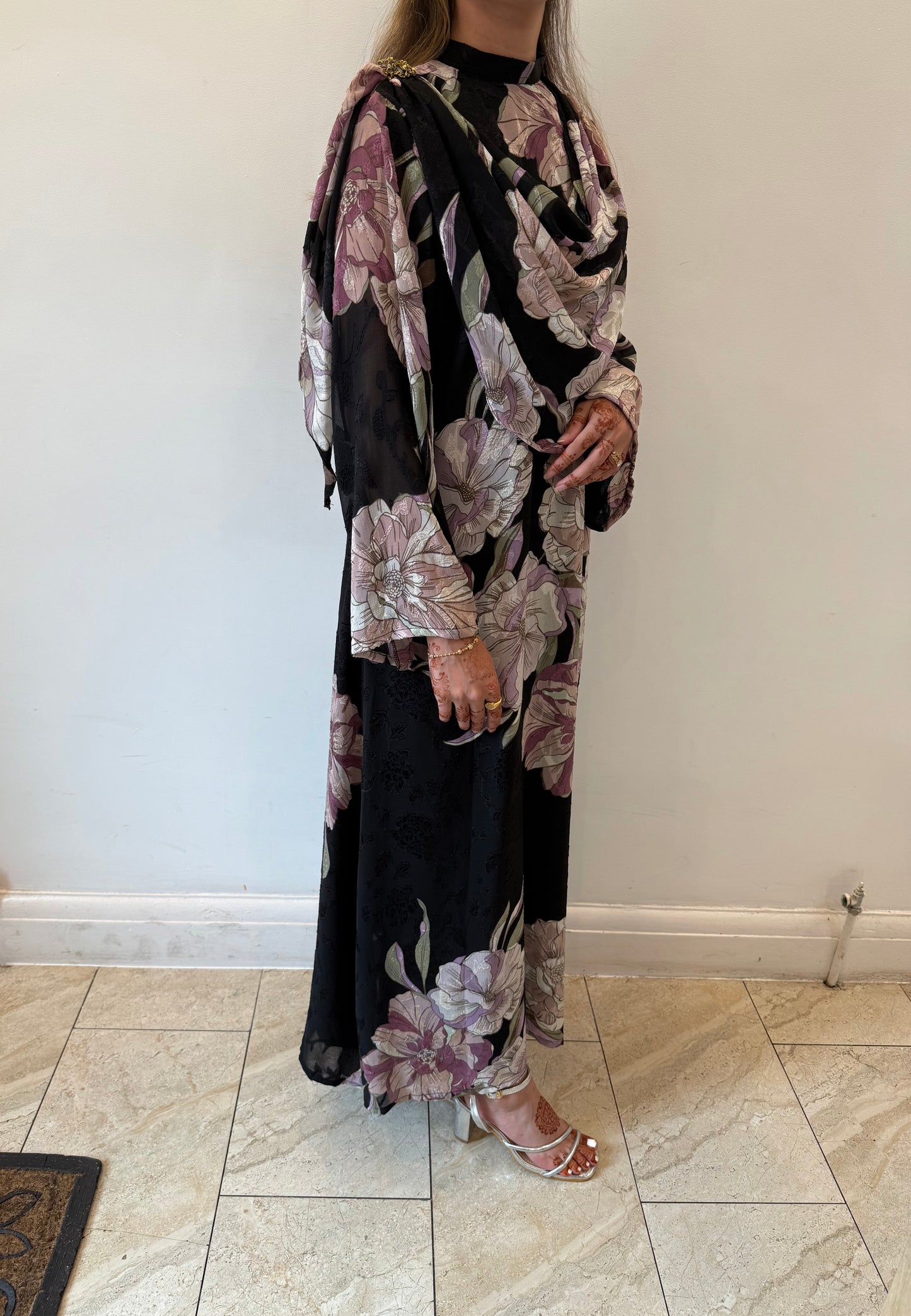 Black Floral Drape Dress