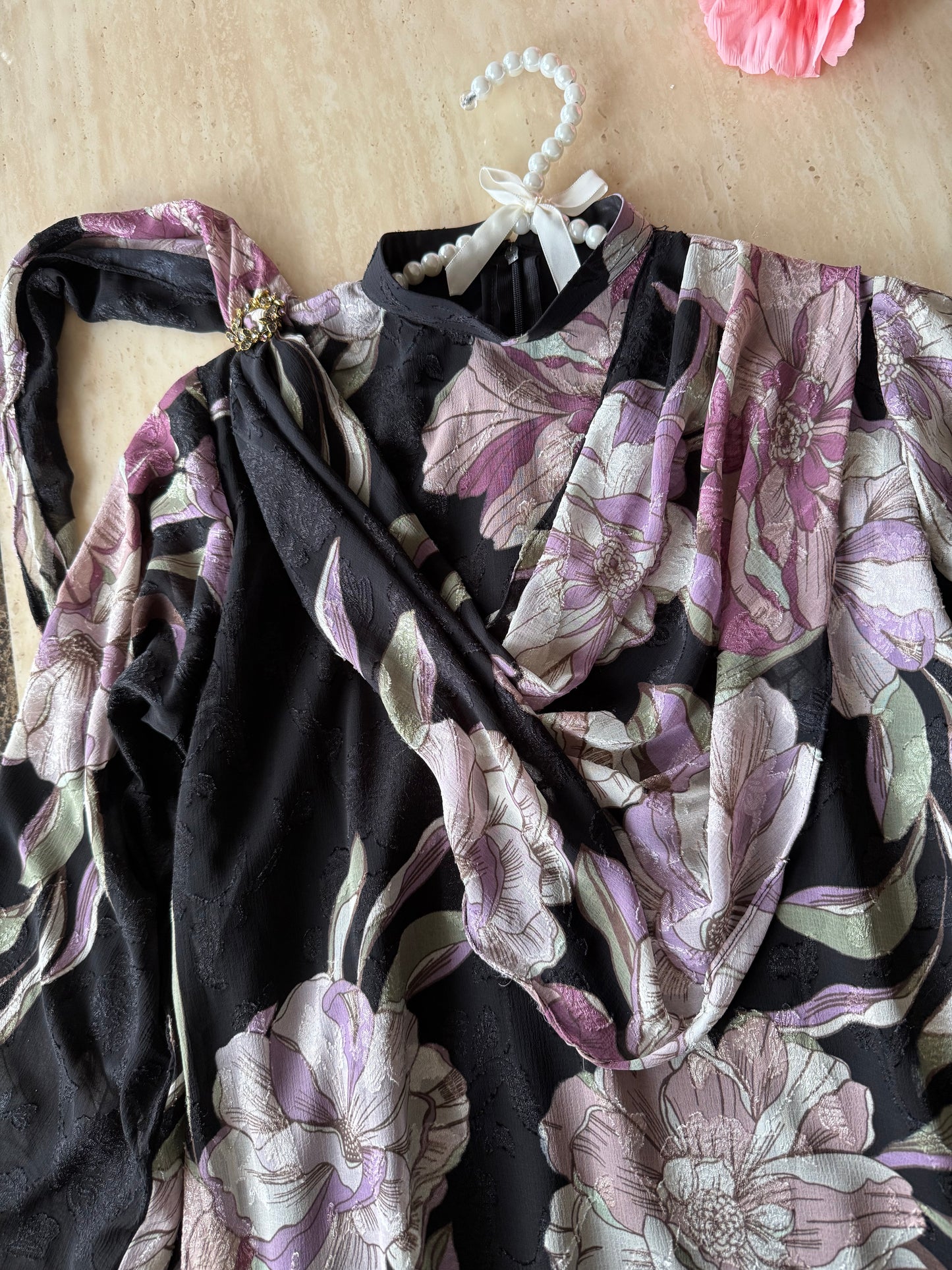 Black Floral Drape Dress