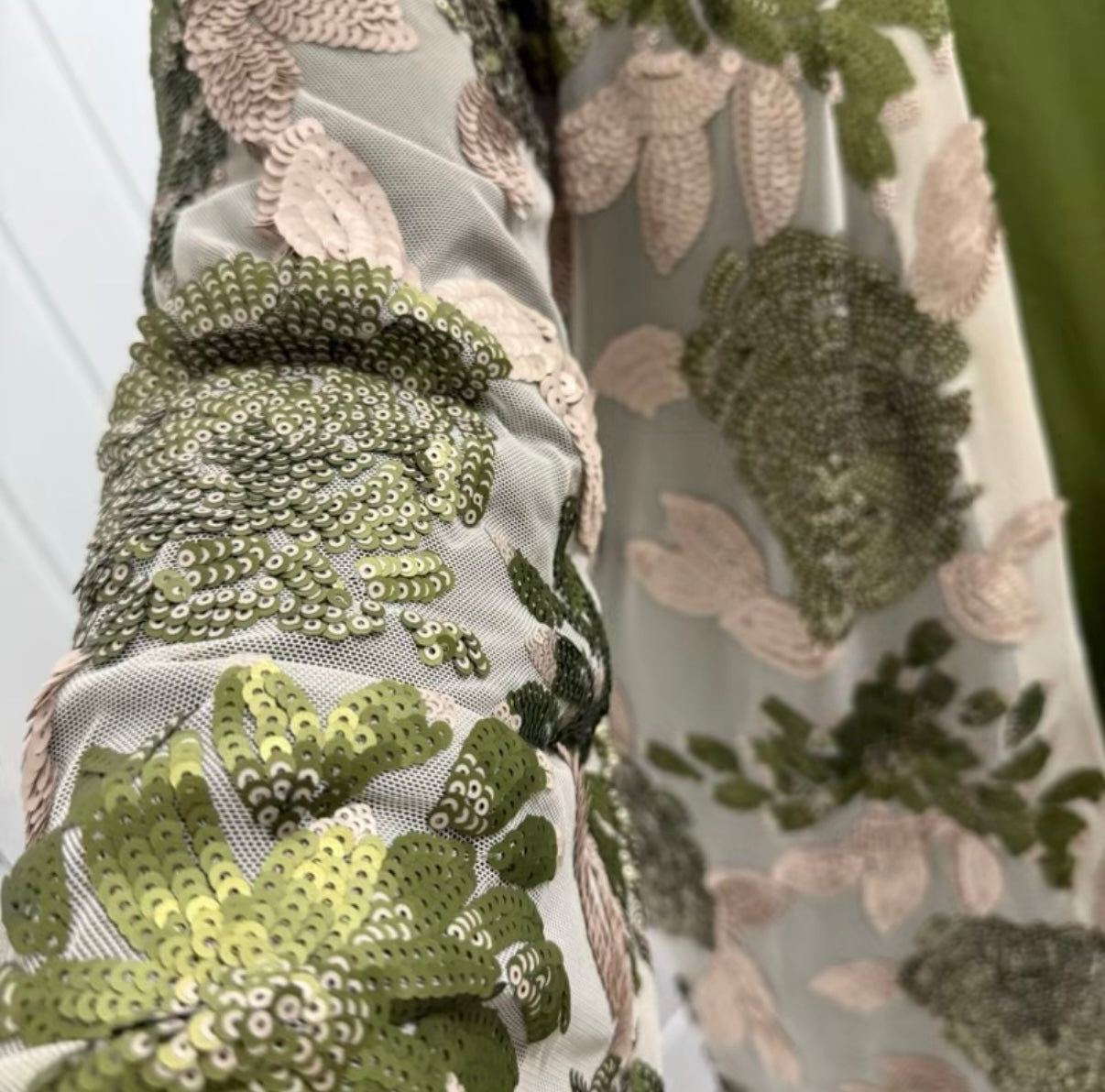 Olive sequin abaya with green under slip