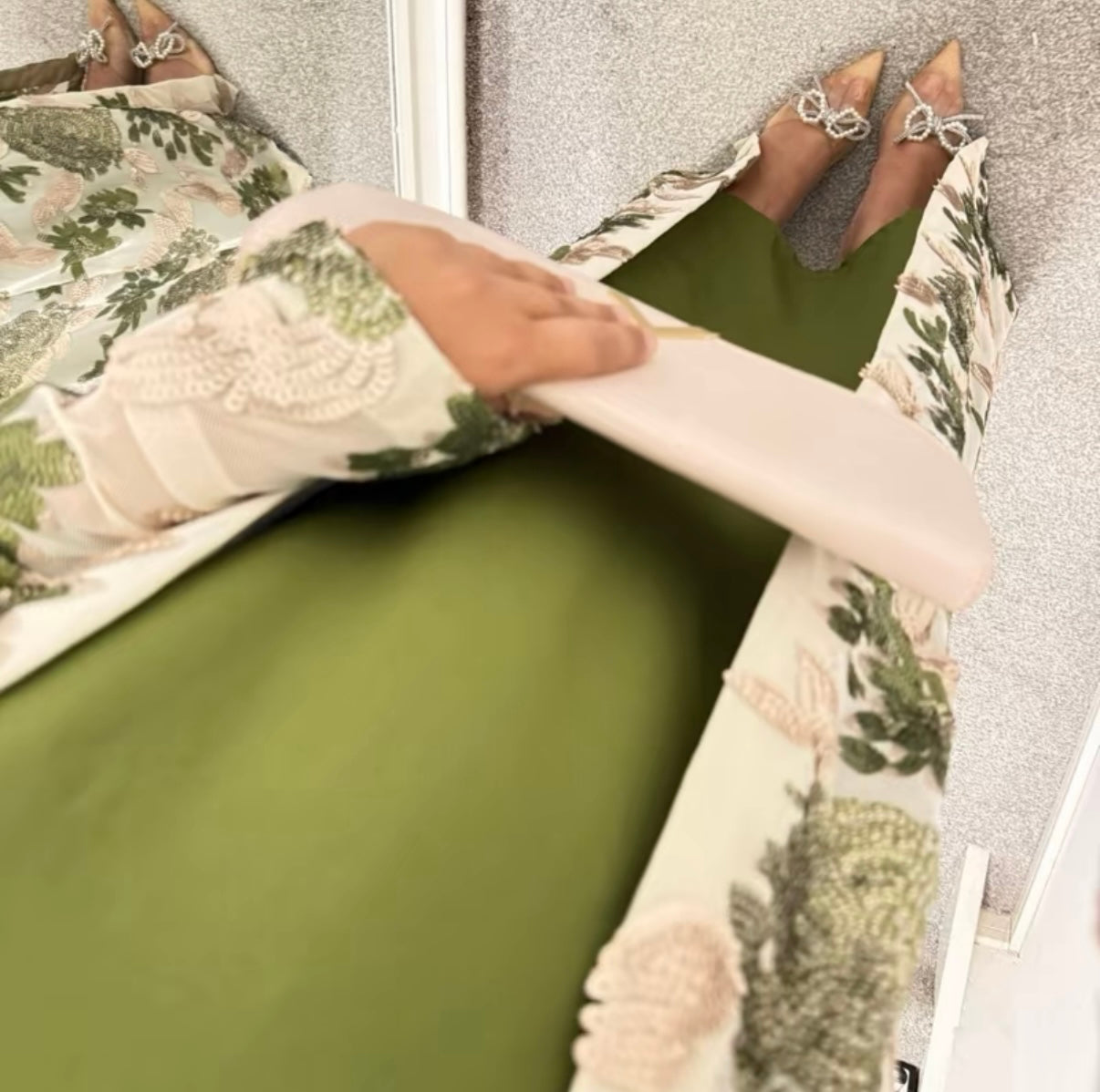 Olive sequin abaya with green under slip